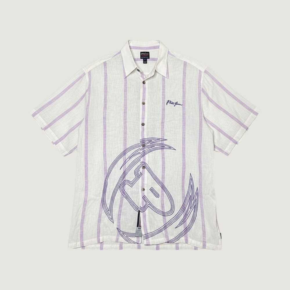 Phat Farm Linen Blend Mens XXL‎ Button Down Shirt Purple Striped Embroidered Y2K